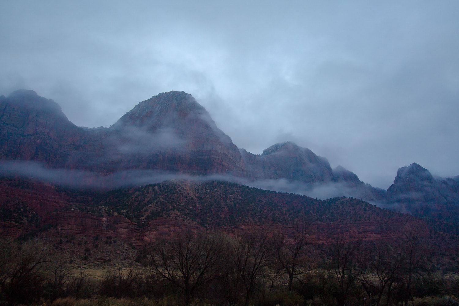 Misty morning mountains in Zion National Park