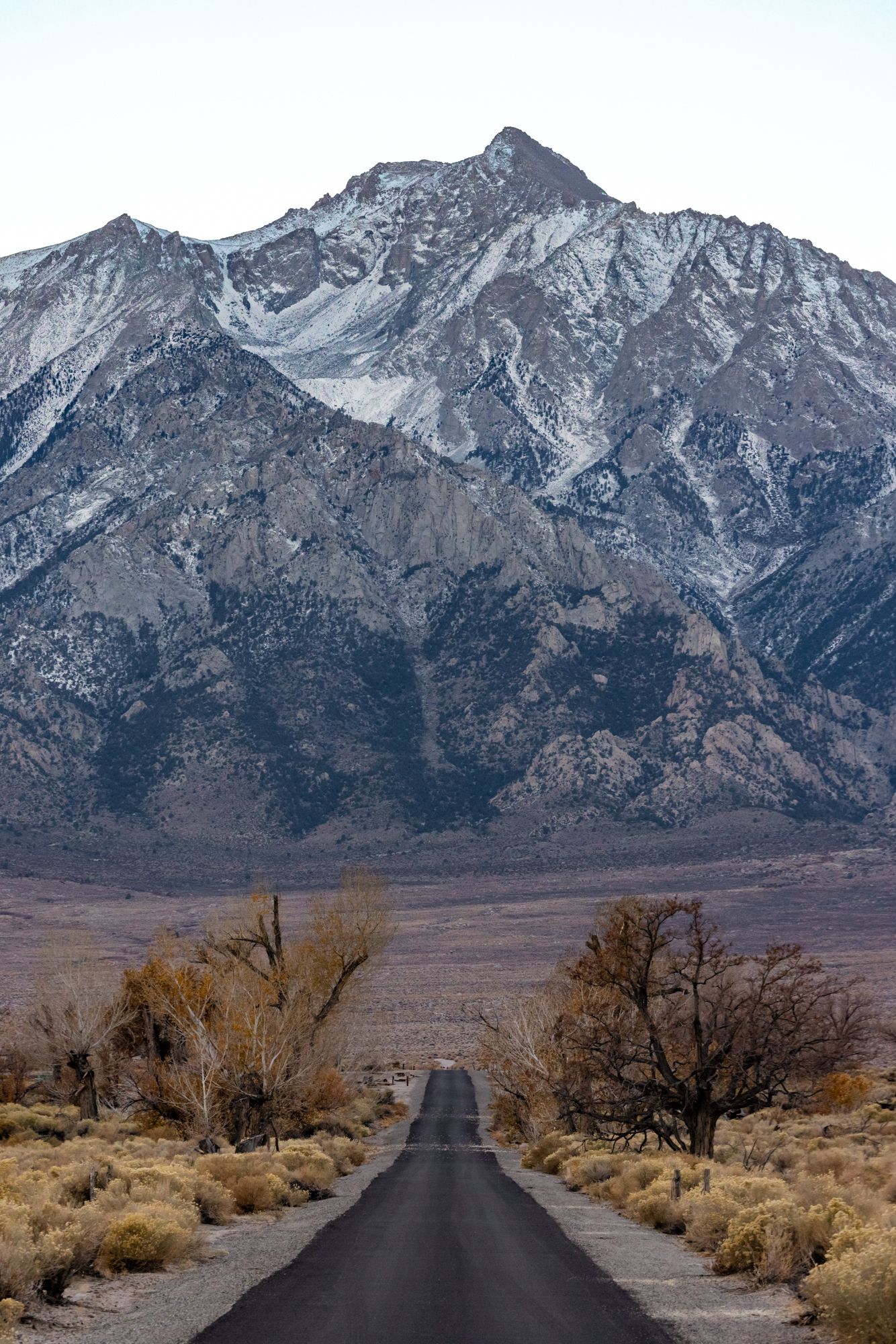 Manzanar road pointing to Mount Williamson in the Eastern Sierra mountains